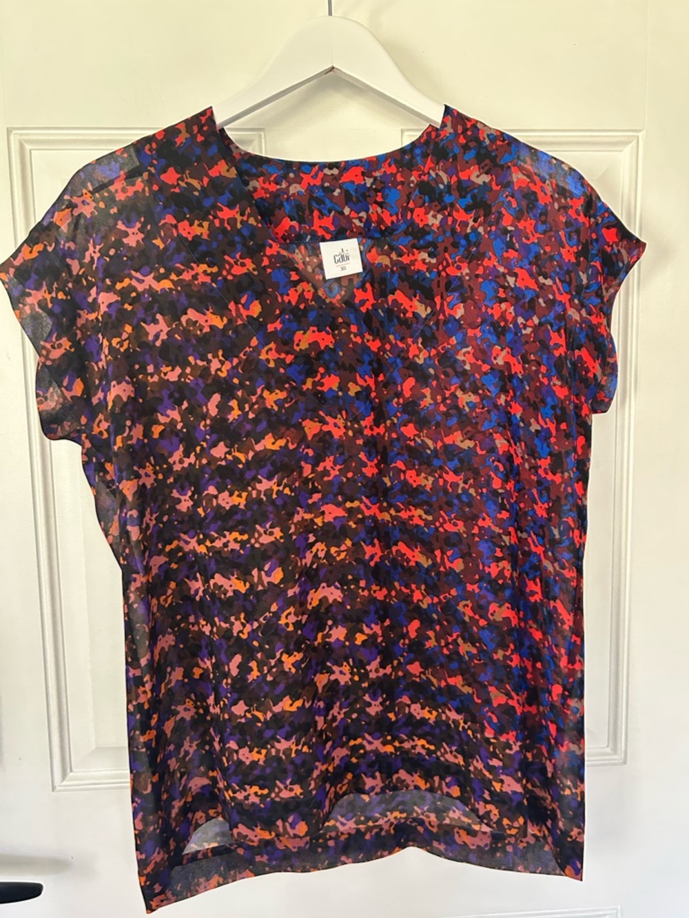 CAbi Multicolor Sheer Cap-Sleeve Blouse — Black, Red, Blue & Purple
